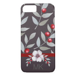 Capa iPhone 8/ 7 Berry Watercolor Floral com Monograma