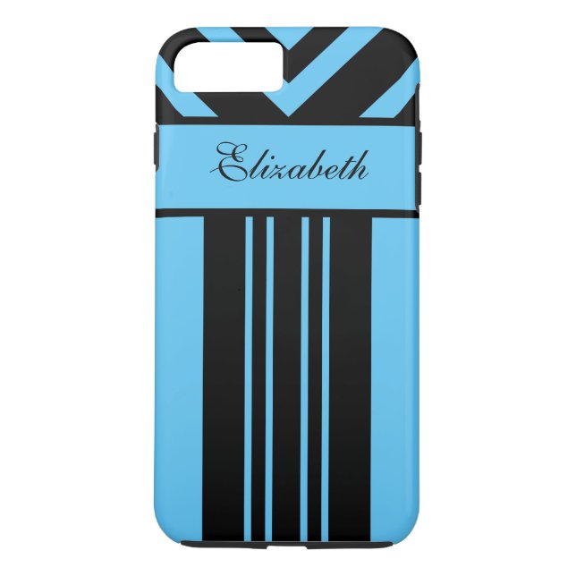 Capa Para iPhone, Case-Mate Black & Bright Blue Strips Chevrons, Seu Nome (Verso)