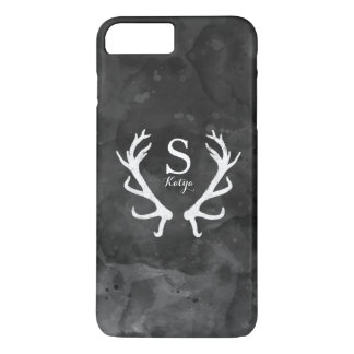 Capa iPhone 8 Plus/7 Plus Black Watercolor e Rustic Deer Antlers Monograma