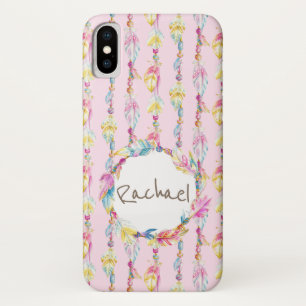Capa Para iPhone X Boho feather watercolor art name rosa case