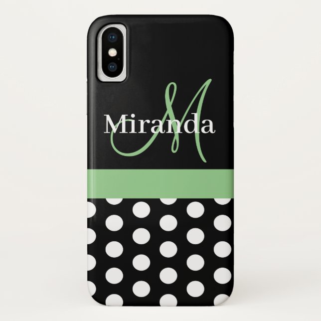 Capa Para iPhone, Case-Mate Bolinhas de Script de Monograma Verde Preto (Verso)