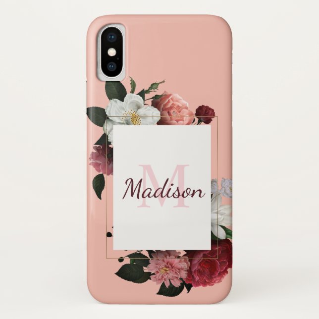 Capa Para iPhone, Case-Mate Bonito rosa Rosas Girly Floral Nome Inicial (Verso)