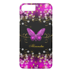 Capa iPhone 8 Plus/7 Plus Borboleta Exótica Rosa Quente Dourado Preto Brilho