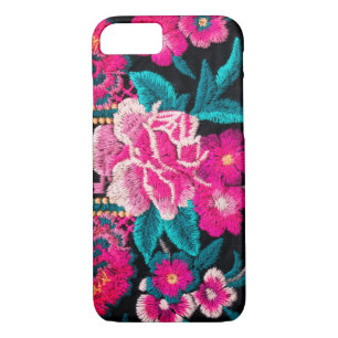 Capa iPhone 8/ 7 Bordado floral boho parece preto, rosa, chato