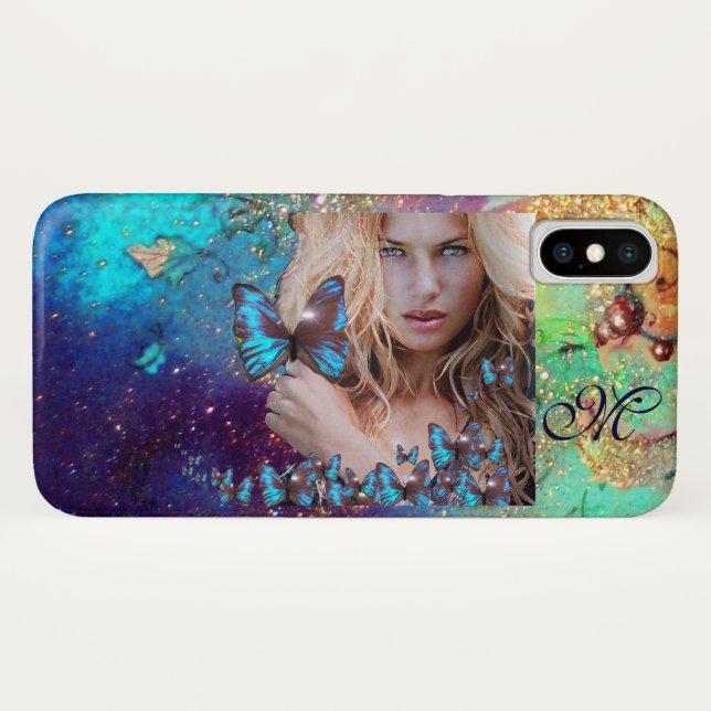 CAPA PARA iPhone, Case-Mate  BORRACHA AZUL COM MONOGRAMA DE ESPUMANTES DOURADOS (Verso (Horizontal))