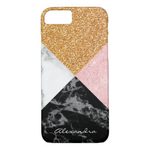 Capa iPhone 8/ 7 Brilho Dourado cor-de-rosa do monograma e mármore