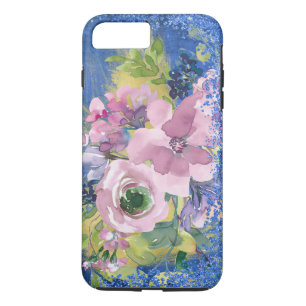 Capa iPhone 8 Plus/7 Plus Brilho Floral de Cor de Água de Blues de lavanda