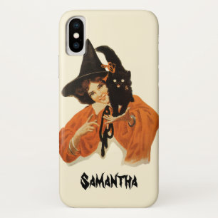 Capa Para iPhone X Bruxa Bonita Vintage com Gato Preto no Ombro