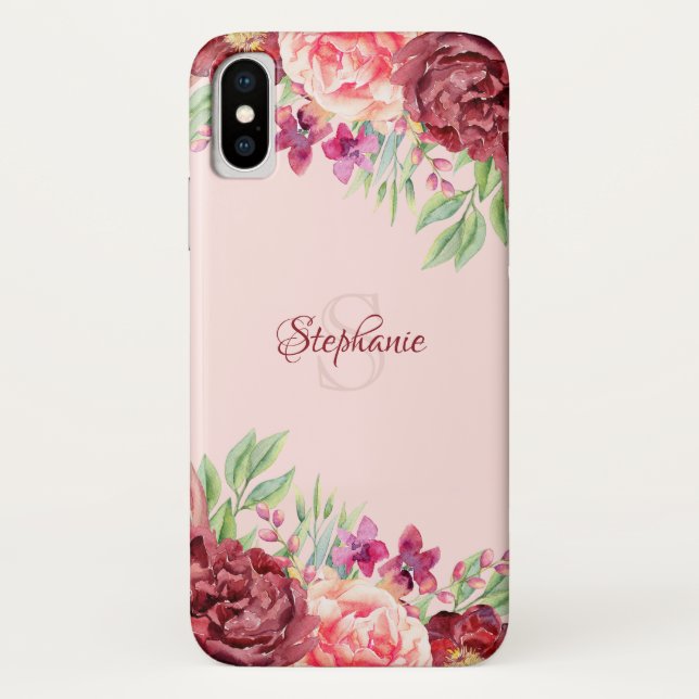 Capa Para iPhone, Case-Mate Burgundy Peach Blush Rosa Floral Monograma (Verso)