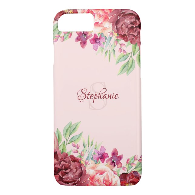 Capa Para iPhone, Case-Mate Burgundy Peach Blush Rosa Floral Monograma (Verso)