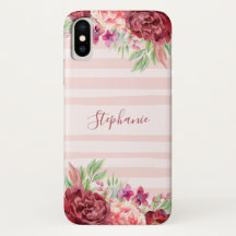 Burgundy Peach Floral Blush Stripes Monograma