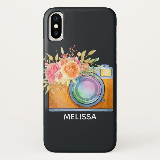 Capa Para iPhone, Case-Mate Câmera Laranja Boho e Buquê Floral Aquarela (Verso)