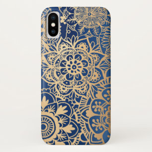 Capa Para iPhone X Caso de Padrão de Mandala Azul e Dourado