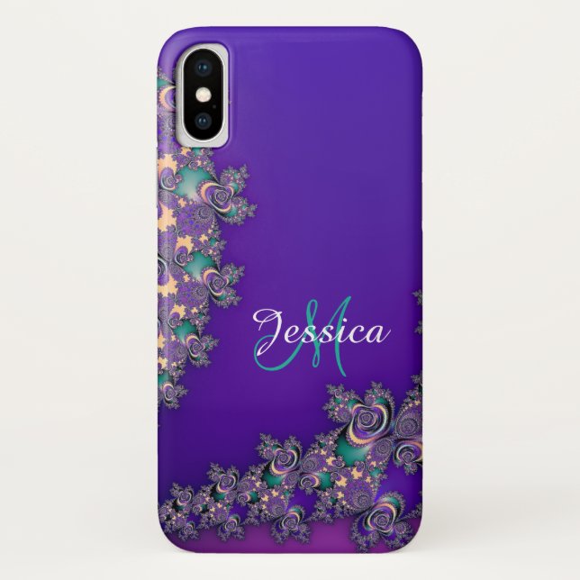 Capa Para iPhone, Case-Mate Caso do Fractal do roxo real do monograma (Verso)