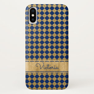 Capa Para iPhone X Caso-Porta iPhone X Azul, Dourado Quatrefoil