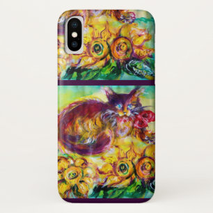 CAPA PARA iPhone X  CAT COM FITA E OS GIRASSÓIS VERMELHOS