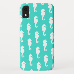 Capa Para iPhone XR Cavalo-Marinho Branco sobre Turquesa