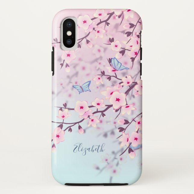 Capa Para iPhone, Case-Mate Cherry Blossomo Landscape Pink Turquoise Monograma (Verso)
