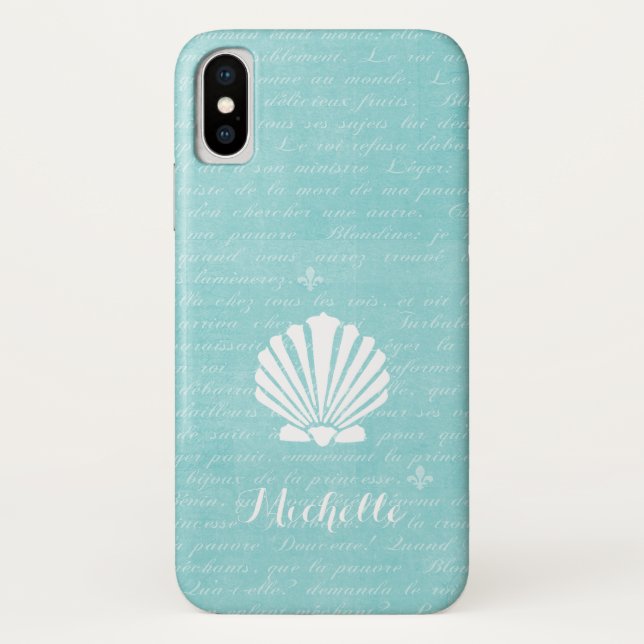 Capa Para iPhone, Case-Mate Chic Beach Girly Aqua Scallop Shell Com Nome (Verso)