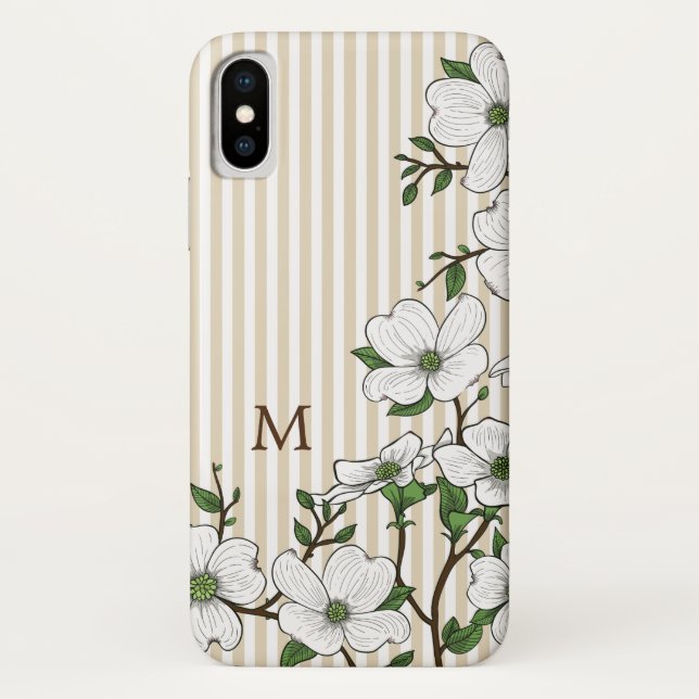 Capa Para iPhone, Case-Mate Chic Dogwood Blossoms & Stripes Monograma (Verso)