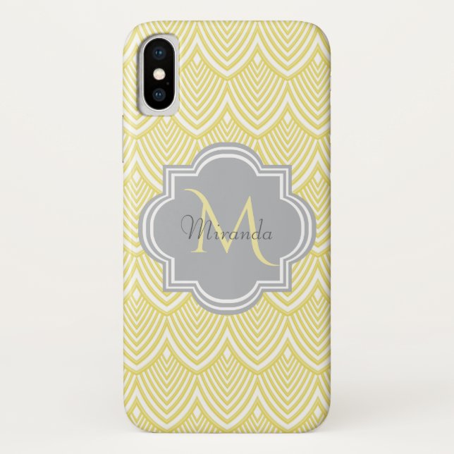 Capa Para iPhone, Case-Mate Chic Yellow Art Deco Scallops Cinza Monograma Nome (Verso)