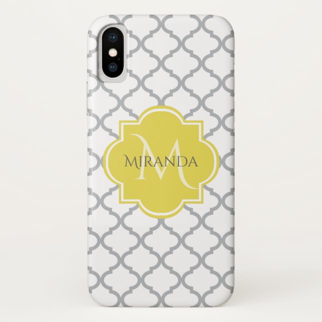 Capa Para iPhone, Case-Mate Cinza Branca Quatrefoil Amarelo Nome Monograma (Verso)