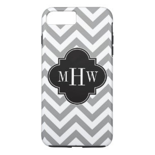 Capa iPhone 8 Plus/7 Plus Cinza Dk Lg Chevron Black Quatrefoil 3 Monograma