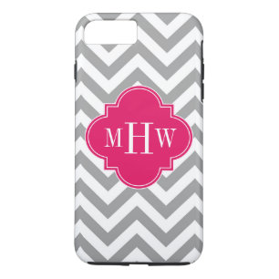 Capa iPhone 8 Plus/7 Plus Cinza Dk Lg Chevron Raspberry Quatrefoil 3 Monogra