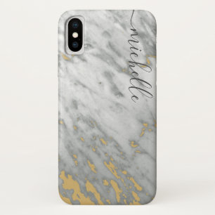 Capa Para iPhone Da Case-Mate Cinza Marble Elegante e nome do monograma Dourado