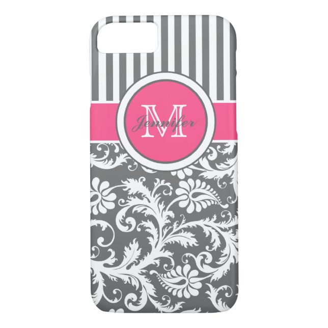Capa Para iPhone, Case-Mate Cinza Rosa Monograma Damasco Branco Estimulado (Verso)