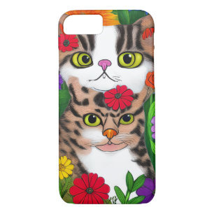 Capa iPhone 8/ 7 Cinzas Whimsic e Gatos Brancos   Flores Coloridas