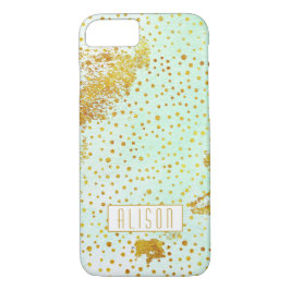 Capa iPhone 8/ 7 Cor da água verde-mint e confete de folha de ouro