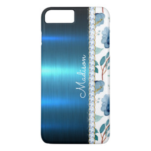Capa iPhone 8 Plus/7 Plus Coração Bonito Azul Floral Metálico Cloridrato
