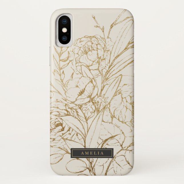Capa Para iPhone, Case-Mate Creme Floral e Nome Personalizado Dourado (Verso)