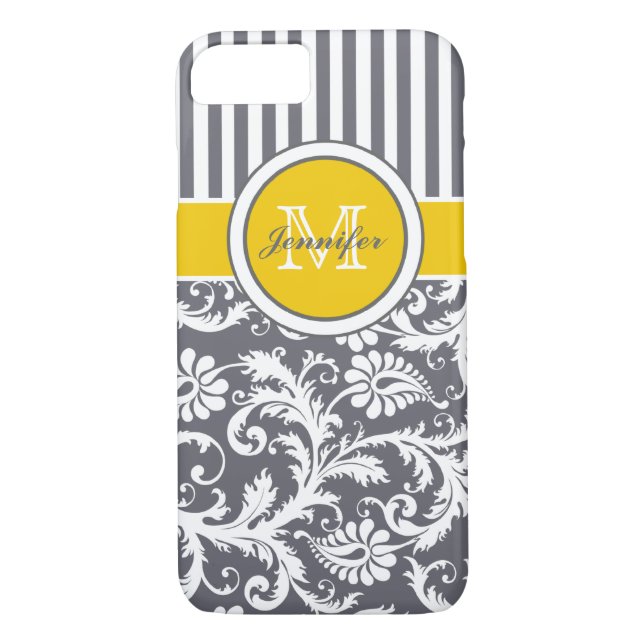Capa Para iPhone, Case-Mate Damasco com Cinza Amarela Monograma, Branco (Verso)