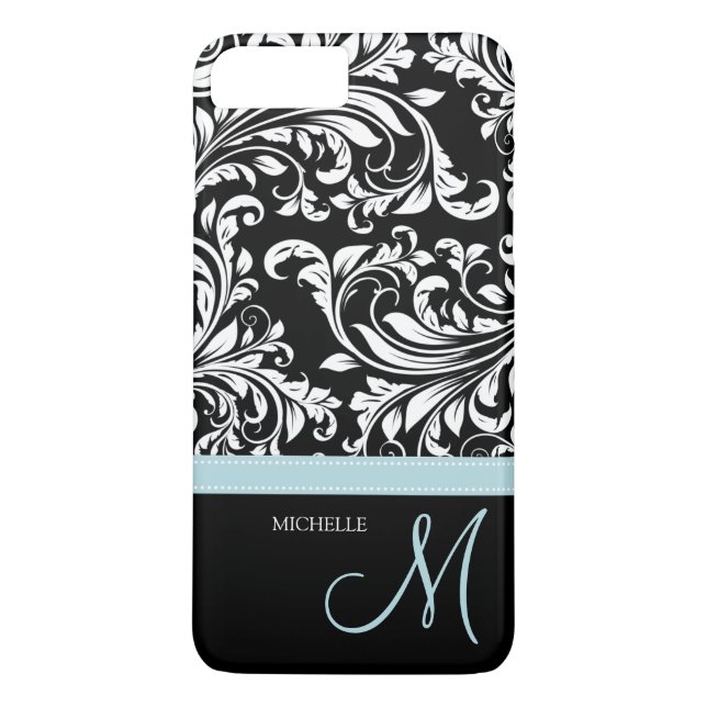 Capa Para iPhone, Case-Mate Damasco floral branco e preto elegante com monogra (Verso)
