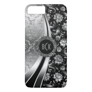 Capa iPhone 8 Plus/7 Plus Damasco Floral Elegante Preto e Prateado