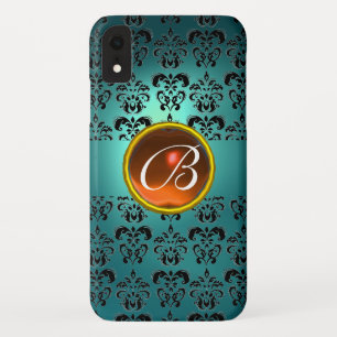 Capa Para iPhone XR DAMASK GEM MONOGRAM cor azul laranja preto