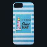 Capa Para iPhone Da Case-Mate Deixe sua tipografia brilhante do farol brilhante<br><div class="desc">Uma capa de telefone personalizada com um padrão listrado azul. Um quadro azul com borda amarela colocada sobre o topo com uma imagem de aquarela de um dentro de farol listrado vermelho. O texto da tipografia diz: Deixe sua luz brilhar.</div>