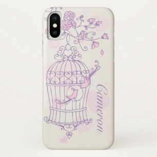 Capa Para iPhone X Dois pássaros e nome cor-de-rosa & roxo da gaiola