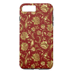 Capa iPhone 8 Plus/7 Plus Dourado Floral Damascos Borgonha Fundo