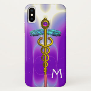Capa Para iPhone X DOURADO SÍMBOLO MÉDICO CADUANO Monograma Roxo