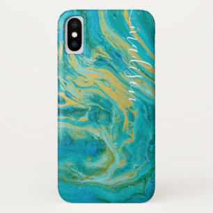 Capa Para iPhone Da Case-Mate Elegante Agate Azul Verde e Dourado Marble Seu Nom