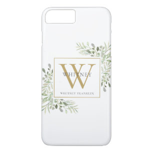 Capa iPhone 8 Plus/7 Plus Elegante Dourado Monograma Verde Moderno