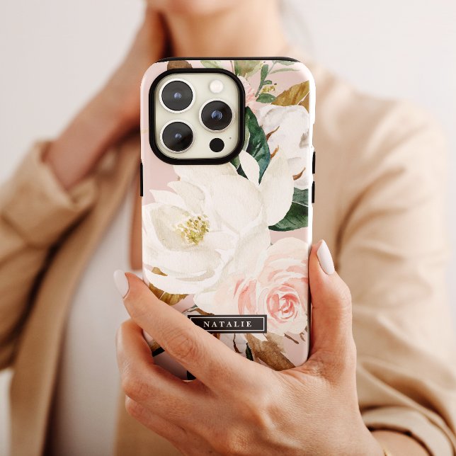 Capa Para iPhone, Case-Mate Elegante Magnolia | Branco e Blush Nome Personaliz (Criador carregado)