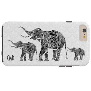 Capa Tough Para iPhone 6 Plus Elephant-Monograma Floral de Vintage em Preto e Br