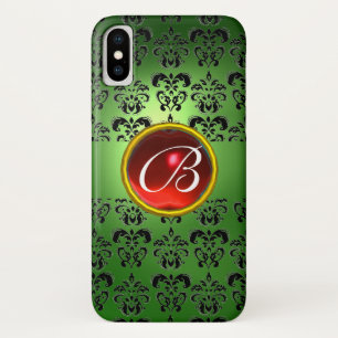 CAPA PARA iPhone X EMERALD GREEN DAMASK RED GEM MONOGRAM