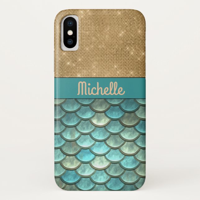Capa Para iPhone, Case-Mate Escalas de Sereia de Turquesa Teal | Nome Dourado  (Verso)