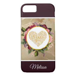 Capa iPhone 8/ 7 Eu Amo Você Ouro Coração Rico com Quadro Floral