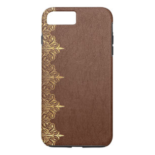 Capa iPhone 8 Plus/7 Plus Faux Brown Vintage Leather Dourada Borda Floral N.
